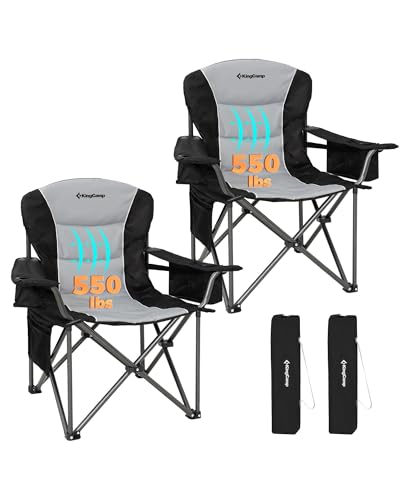 KingCamp Oversized Camping Folding Chair, Heavy Duty 450 LBS with Lumbar Support, Padded seat with Cup Holder&Cooler Bag, Ideal for Camp, Fishing, Sports Event, Backyard, Patio, Lawn - color: Black/Grey-2 Pack