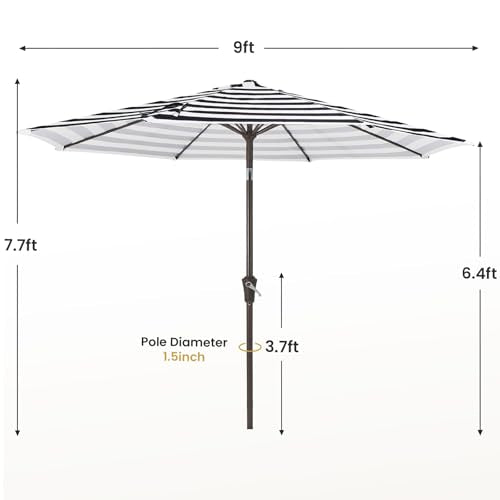 MEWAY 9ft Patio Umbrella Outdoor Table Umbrellas with Push Button Tilt and Crank, Market Umbrella 8 Sturdy Ribs for Deck, Garden, Pool and Backyard, Black-white-striped - color: Black-white-striped, size: 9ft