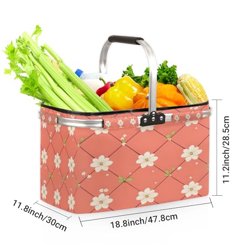 Flower Plaid Picnic Basket Large Collapsible Market Baskets Portable Reuasble Shopping Bags with Handles for Camping Beach Travel - color: Multi a