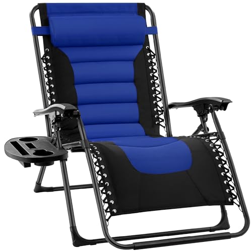 Best Choice Products Oversized Padded Zero Gravity Chair, Folding Outdoor Patio Recliner, XL Anti Gravity Lounger for Backyard w/Headrest, Cup Holder, Side Tray, Polyester Mesh - Blue - color: Black/Blue