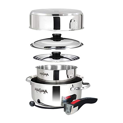 Magma 7 Piece Gourmet Nesting Stainless Steel Cookware Set with Ceramica Non-Stick, Induction Compatible, Oven Safe to 500°F - Suitable for All Stovetops, Removable Handles, Stainless Steel - color: Stainless Steel, style: 7 Piece, Non-stick