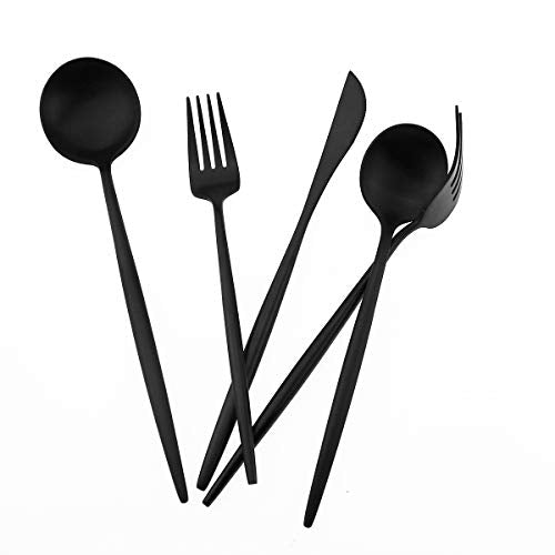 Matte Balck Silverware Set,Gugrida 5-Piece 18/10 Stainless Steel Satin Finish Flatware Set,Kitchen Utensil Set,Tableware Travel Cutlery Set for Camping Office or School Lunch, Dishwasher Safe - color: Black, size: Service for 1
