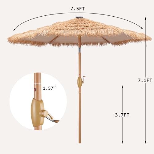 GDY 7.5 ft Tiki Patio Umbrella, Hula Thatched Umbrella with18 LED Sloar Ligths, Pool, Patio, Beach - color: Thatch+18 Lights, size: Umbrella Only
