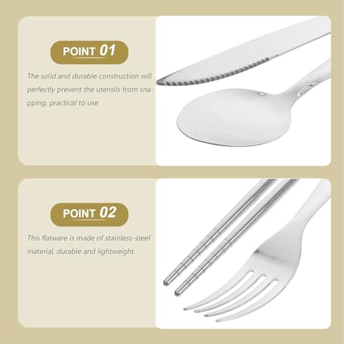 Stainless Steel Flatware Set with Wooden Handles, Fork Spoon Knife Chopstick Kit, Portable Camping Cutlery Set with Gray Carrying Bag for Outdoor Dining and Western Restaurant Use