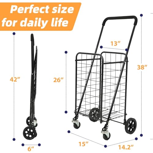 Foldable Shopping Cart with 360° Wheels, Collapsible & Lightweight Utility Cart for Groceries, Laundry, Travel, All-Purpose Rolling Trolley with Comfort Grip (Black, Small) - size: Small - Basic