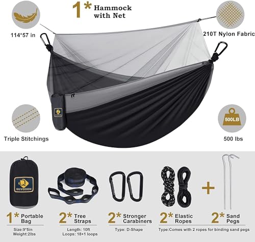 Camping Hammock with Net,Portable Lightweight Double Hammocks with Tree Straps and Solid D-Shape Carabiners,Parachute Nylon Hammock for Backpacking Beach Backyard Patio Hiking Black&Grey - color: Black & Grey, size: X-Large
