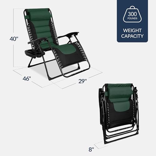 Best Choice Products Oversized Padded Zero Gravity Chair, Folding Outdoor Patio Recliner, XL Anti Gravity Lounger for Backyard w/Headrest, Cup Holder, Side Tray, Polyester Mesh - Forest Green - color: Black/Forest Green