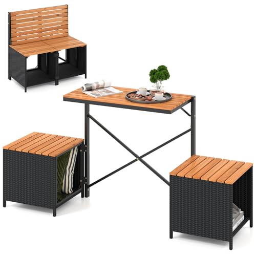 Tangkula 2-in-1 Outdoor Convertible Bench, Transforming Interchangeable Picnic Table Garden Loveseat with Metal Frame, PE Rattan Acacia Wood Foldable Table and Chairs Set for Porch, Backyard & Deck - color: Black, size: 66"
