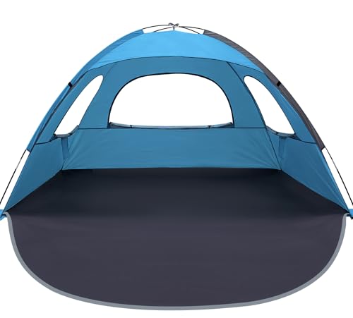 WhiteFang Beach Tent Anti-UV Portable Sun Shade Shelter for 3/4/6/8 Person, Extendable Floor with 3 Ventilating Mesh Windows Plus Carrying Bag, Stakes and Guy Lines - color: Blue, size: 3 person