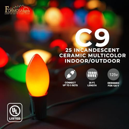 C9 26ft Indoor/Outdoor Ceramic Multicolor Incandescent Christmas String Lights with 25 Bulbs and E17 Base | 120V, 7W - style: Ceramic Multicolor Incandescent
