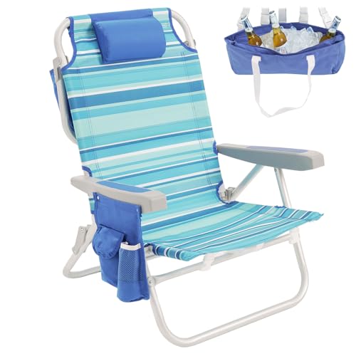 SUNNYFEEL Low Beach Chair, 5-Position Lay Flat Reclining, Backpack Portable Folding Chair with Cooler Bag & Cup Holder, Heavy Duty 350 LBS, Compact for Beach, Camping, Travel - color: Light Blue Stripe, size: 1-pack