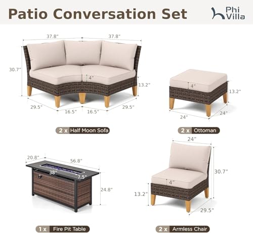 PHI VILLA 7-Piece Half Moon Patio Furniture Set with 56" Fire Pit Table, Outdoor Wicker Sectional Sofa with Cushions, Large Curved Conversation Seating for Garden or Backyard, Beige - color: Beige+fire Pit, size: 8 Seats - Round