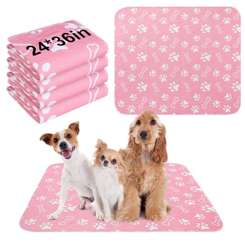 BEAUTYZOO 4 Pack Washable Pee Pads for Dogs, Reusable Puppy Pads for Potty Training, Waterproof Super Absorbent Wee Wee Pads for Dogs Non-Slip, Pet Whelping Mats Playpen Dog Crate Floors, 24IN x 36IN - color: Pink, size: 24 X 36 Inch (Pack of 4)