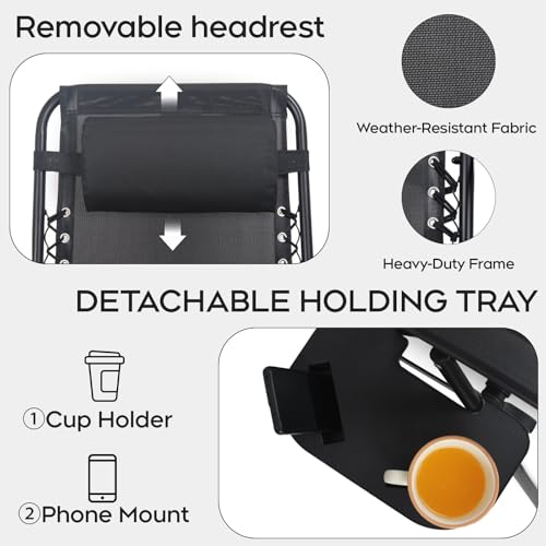 Set of 2 Adjustable Zero Gravity Lounge Chairs Outdoor Recliner w/Cup Holder Tray & Removable Pillows, Ergonomic Reclining Chair for Camping Patio Lawn Balcony (Black) - color: Black