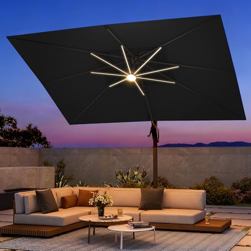 9 X 12 FT Cantilever Outdoor Patio Umbrella with Led Lights Heavy Duty Windproof Double Top Large Rectangle Offset Umbrellas with 360-degree Rotation for Garden Pool Deck Backyard, Black - color: Black, size: 9' X 12'- Only Umbrella(LED)