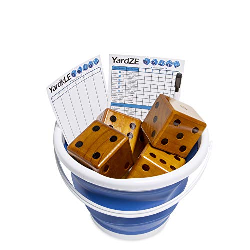 GETMOVIN SPORTS Stained Yardzee and Yard Farkle Dice Set (All Weather) Roll Bucket and Scorecard - Includes 6 Dice, Dry Erase Scorecard W/Marker, Roll Bucket, Lid for Storage (Dark Stain)