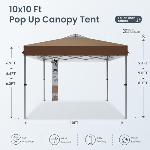 PHI VILLA 10x10ft 1-Person Setup Pop Up Canopy Tent Instant Portable Shelter w/ 1-Button Push, Case, 4 Weight Bags - Dark & Light Brown - color: Dark & Light Brown, size: 10×10 one push