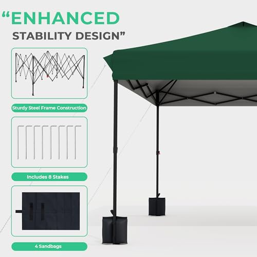 JEAREY 10x10 Pop Up Canopy Tent, Heavy Duty Outdoor Canopy with 1-Push Instant Setup, Commercial Tent with Roller Bag, 4 Sandbags and 8 Stakes, Water-Resistant – Dark-Green - color: Dark Green