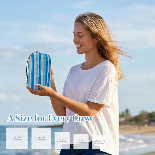 OIGAE Extra Large Beach Blanket, 10×10 ft Sand-Free Outdoor Picnic Mat for Groups, Water-Resistant Windproof Blanket with Stakes, Blue Wave Stripes - color: Blue Wave Stripes, size: 10x10 Ft (2～10 person)