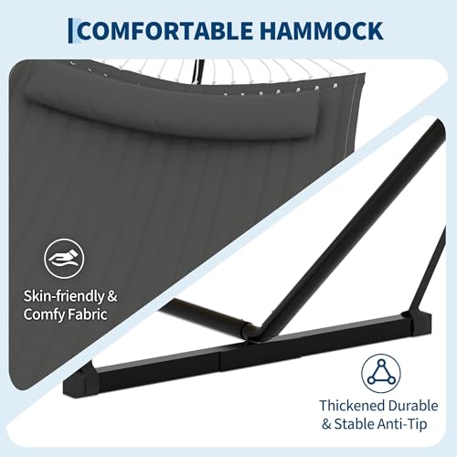 2 Person Double Hammock with Stand & Pillow, 450 LBS Heavy Duty Outdoor Hammock with Balance Rope for Patio Backyard Poolside