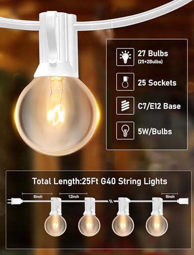 25FT Outdoor White String Lights with 27 Clear Bulbs, G40 Globe Patio String Lights for Indoor/Outdoor, Connectable Hanging Lights for Backyard Porch Balcony Party Decor - White Wire - color: White, size: 25 Feet