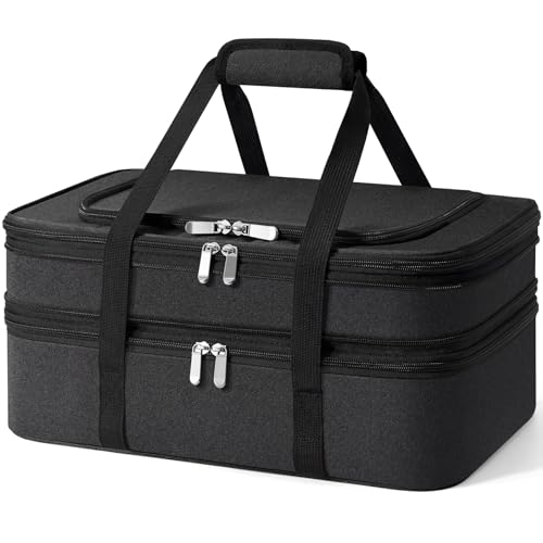 Insulated Double Casserole Carrier - Portable Casserole Carriers for Hot or Cold Food Lunch Tote Warmer or Cooler Bag for Potluck Parties Picnic Cookouts, Fits 9" x 13" Baking Dish -Black - color: Black