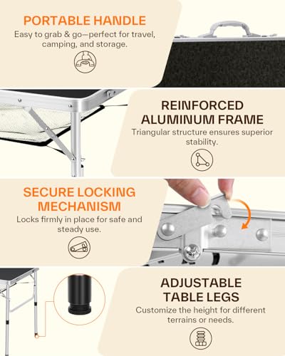 Sportneer Folding Table: Adjustable Height Camping Essentials 35.4" L x 23.6" W 2 Height with Mesh Layer - Compact & Portable Small Folding Table for Outdoor Camp Garden Picnic BBQ Dining Cooking - color: Black, size: 35.4"L x 23.6"W (2 Height)