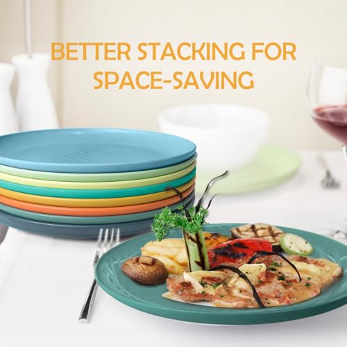 Teivio 16-Piece Wheat Straw Kids Plates,9.6'' Deep Dinner Plate,Dishwasher Safe, Reusable Unbreakable Salad Plates,Dessert Kitchen Plastic Dinner Plates Set,Service for 16,Multicolor ﻿