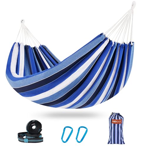 Lazy Daze Hammocks Double Brazilian Cotton Hammock, Extra Large Portable Outdoor Camping Hammock with Tree Straps & Travel Bag for Backyard Patio Poolside Indoor, 550lbs Capacity, Blue - color: Blue