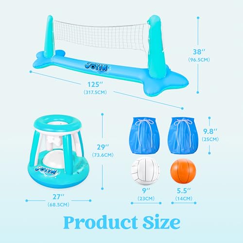JOYIN XL Inflatable Pool Float Set, 125'' Volleyball Net & Basketball Hoops, Extra Large Floating Swimming Game Toy for Kids and Adults, Summer Floaties, Volleyball Court|Basketball, XL-Blue, Cyan - color: Blue Cyan, size: X-Large