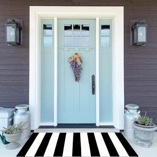 LEEVAN Black and White Striped Door Mat 2'x4' Washable Front Porch Rug Cotton Woven Reversible Rugs Farmhouse Black Outdoor Rug Indoor/Outdoor Welcome Doormat White Entryway Throw Rugs - color: Black and White Stripes, size: 2' x 4'3" (Rectangular)