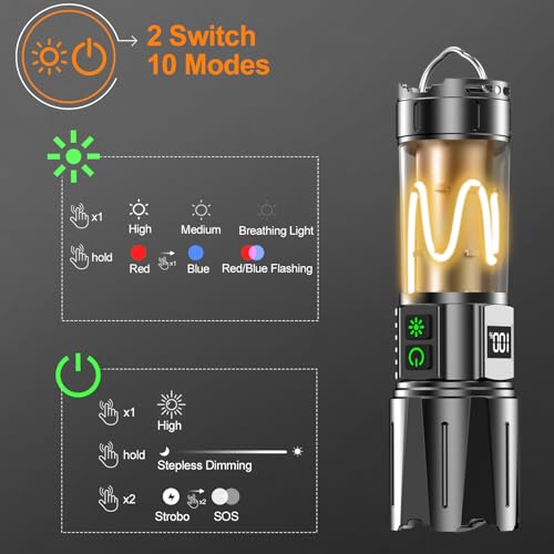 Super Bright Flashlight High Lumens 100000 Rechargeable, Powerful 50W LED, Long Lasting 30H, Daul Bottons 10Modes with Side Light, Quick USB C Charge & Output, Multi-functional for Home Camping Hiking