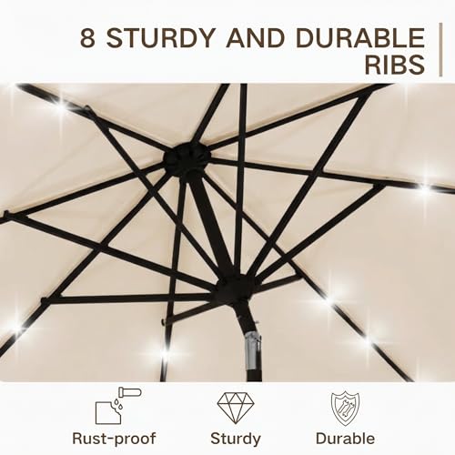 Kingdura 9FT Outdoor Patio Umbrella with Solar Lights, Market Table Umbrella with Push Button Tilt & Crank, 8 Sturdy Ribs, 32 LED Lights, UV Protection for Garden Lawn Deck Backyard Pool (Beige) - color: Beige-LED, size: 9 Ft