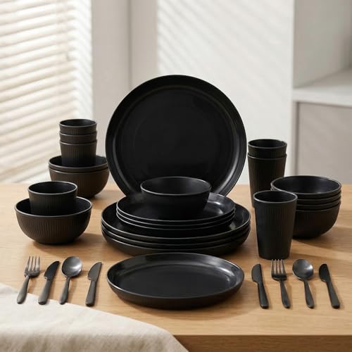 36 Pcs Wheat Straw Dinnerware Set,Dinnerware Sets for 6,Large Round Plates, Bowls and Cups, Unbreakable dish set, Dishwasher and Microwave Safe, Outdoor Camping Dishes (Black) - color: Black