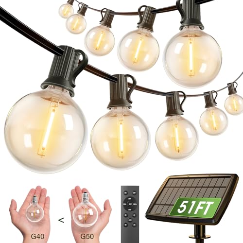 addlon 50FT Solar String Lights for Outside G50 Waterproof with USB Port Solar Patio Lights Outdoor Solar Powered LED Bulbs 3 Light Modes for Backyard Porch Garden Market Bistro Camping - size: 50ft