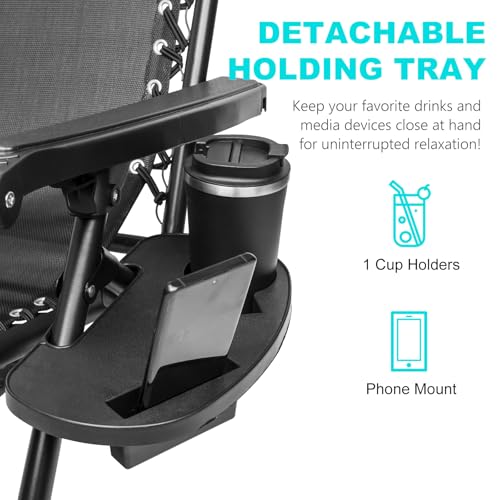 SZHLUX 1 PCS Adjustable Steel Mesh Zero Gravity Lounge Chair Recliners W/Pillows and Cup Holder Trays - Black