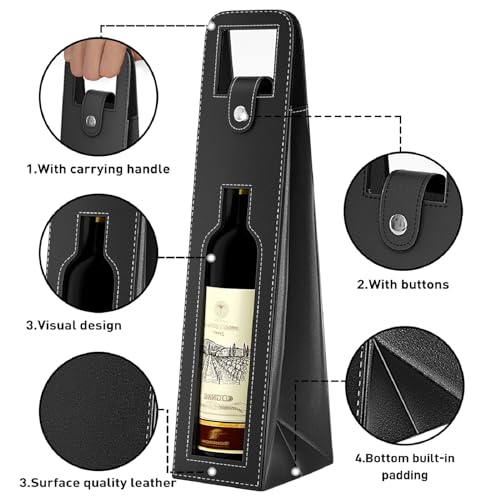 RYDDOY Wine Gift Bag, Reusable Leather Wine Tote Carrier, Single Bottle Champagne Beer Gift Bags Carrier for Birthday, Wedding, Picnic Party, Christmas festival Gifts (Black) - color: B-Black-16.1×3.5×3.5