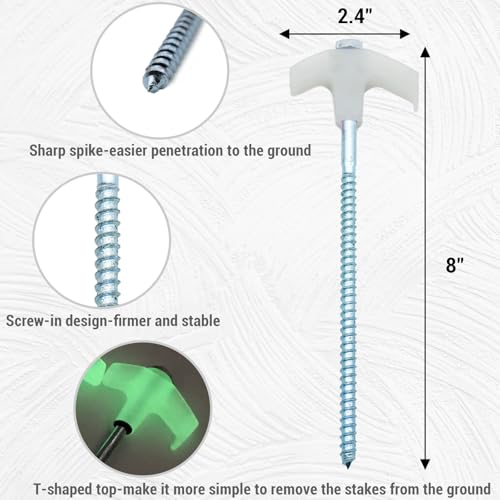 12 Pack Screw in Tent Stakes Heavy Duty-8” Metal Pegs for Ground, Drill in Camping Stake with Hex Head Driver, Spikes Puller, Protector/Stopper in Carrying Bag, for Hiking, Glow in Dark - color: luminous