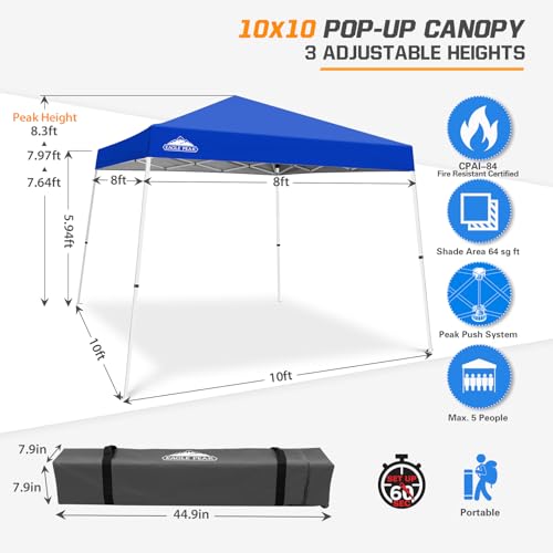 EAGLE PEAK 10x10 Slant Leg Pop-up Canopy Tent Easy One Person Setup Instant Outdoor Beach Canopy Folding Portable Sports Shelter 10x10 Base 8x8 Top (Blue) - color: Blue, size: 10x10