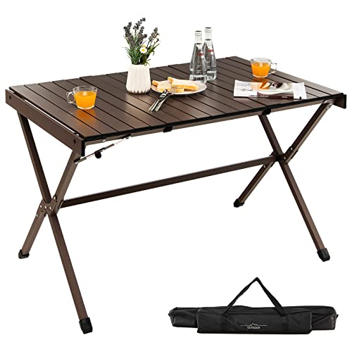 HAPPYGRILL Roll-up Folding Picnic Table Portable Aluminum Camping Table with Safety Latch, Solid Aluminum Frame, Storage Bag Included, Outdoor Lightweight Table for Camping