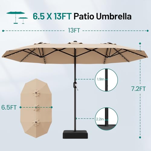 AreShark 13 FT Patio Umbrella with Solar Lights, Double-Sided Outdoor Table Umbrellas with Crank, Large Rectangular Market Umbrella for Porch, Lawn, Pool, Backyard, Beige - color: Beige, size: 6.5x13 Ft