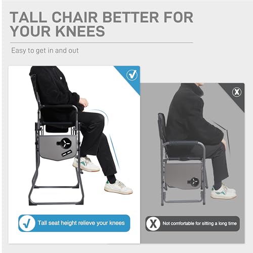 EVER ADVANCED Portable 30.7" Seat Height Tall Folding Camping Chair Directors Chair High Foldable Bar Stool with Side Table for Makeup Artist, Sports Event, Craft Show, Supports 350LBS - color: Black Grey