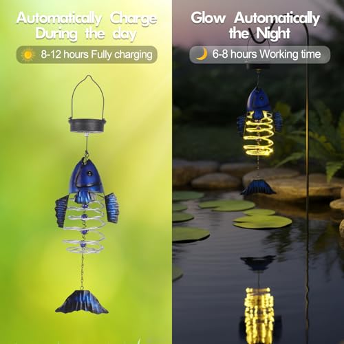 2 Pack Fish Solar Lights Outdoor Hanging Lantern with Handle, Solar Powered Fish Garden Decor for Outside Patio Yard Porch Pathway Fish Gifts for Women (Warm White LED Lights) - color: Blue-Fish