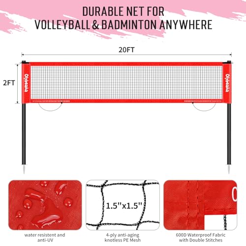 20ft Outdoor Volleyball & Badminton Combo Net Set for Backyard Beach with Adjustable Poles, Durable Anti-Sag Net, PU Volleyball, 2 Aluminum Rackets - color: Red