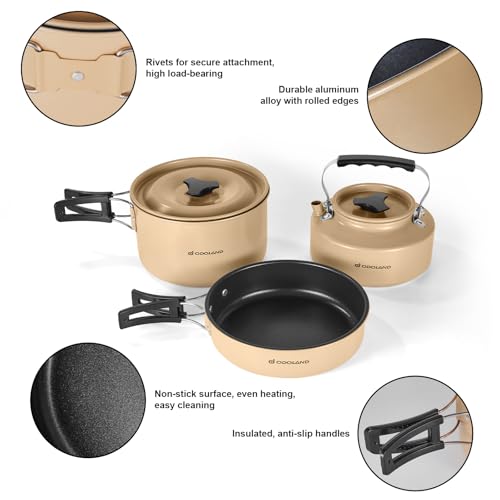 Odoland 15pcs Camping Cookware Mess Kit, Non-Stick Lightweight Pot Pan Kettle Set with Stainless Steel Cups Plates Forks Knives Spoons for Camping, Backpacking, Outdoor Cooking and Picnic - style: Khaki