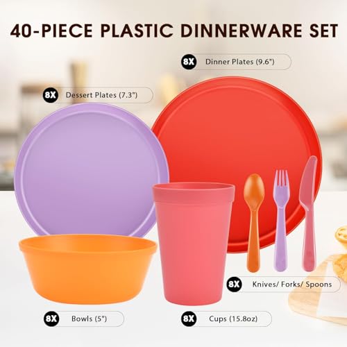 40 Piece Plastic Dinnerware Set for 8 with Cutlery, Unbreakable Plates and Bowls Set, Dishwasher & Microwave Safe Reusable Dish Set for Camping, RV, Outdoor Kitchen, Apartment Dining,Sunset Multicolor - color: Boho