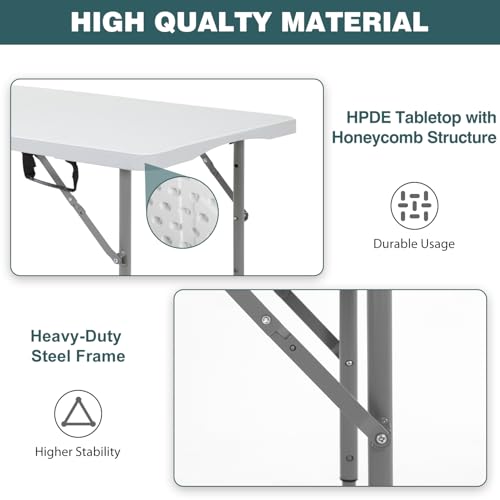 FDW 4 Foot Outdoor Dining Table, Foldable Portable Rectangular Plastic Folding Table with Built in Carrying Handle and Height Adjustable for Party and Wedding Use, White - color: White, size: 4 FT