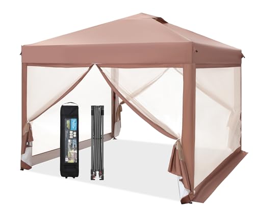 PHI VILLA 10 x 10 Pop Up Canopy Tent with Netting, Instant Gazebo, Ez up Screen House Room with Carry Bag, Height Adjustable, for Outdoor, Garden, Patio,Brown - color: Brown, size: 10x10 with Netting