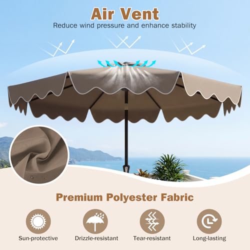 Tangkula 9 FT Patio Umbrella with Base Included, 2-Tiers Outdoor Scalloped Table Umbrella with 2 Sandbags, Tilt Adjustment, Crank, 8 Ribs for Market Backyard Pool Deck Beach Lawn - color: Tan, size: 9 FT