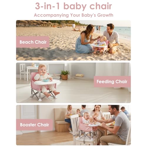 Tiny Marvels Portable Booster Seat, Foldable Baby High Chair with Removable Tray, Safety Harness & Carry Bag – for Toddlers Ages 6M-3Y, Ideal for Dining, Travel, Camping & Family Time - color: Pink